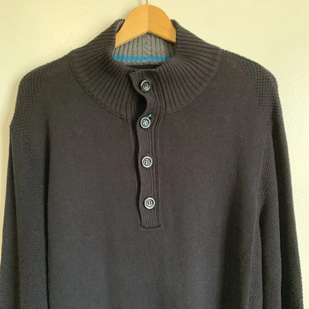 Carbon 2 Cobalt Black Button Mock Neck Heritage Sweater Men’s XL Quiet Luxury